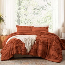 Luxudecor Terracotta Boho Tufted Comforter Set Queen Size 3 Pieces Boho Shabby Chic Comforter Farmhouse Embroidery Bedding Set Soft Comforter for All Seasons (Terracotta, 90''x90'')