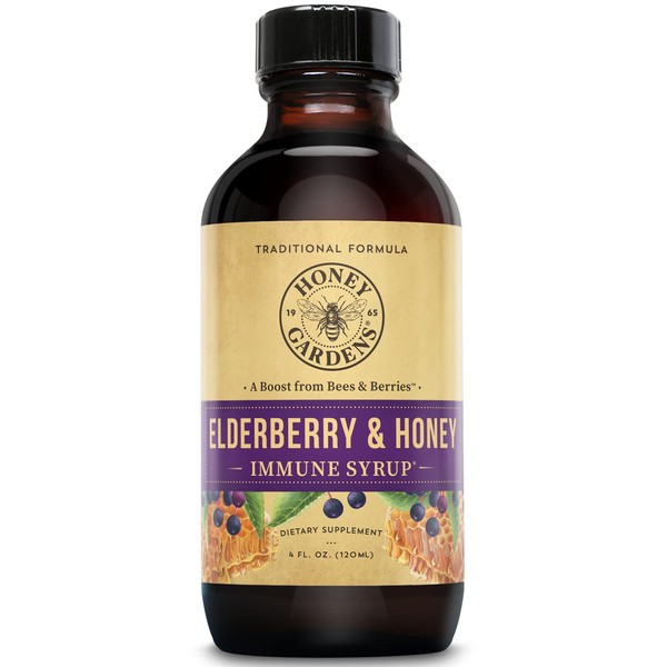 Honey Gardens Elderberry Syrup with Grade A Raw Honey, Propolis, Organic ACV & Elderberries | Traditional Immune Formula w/Echinacea | Made in The USA | 8 fl. oz. (4oz)