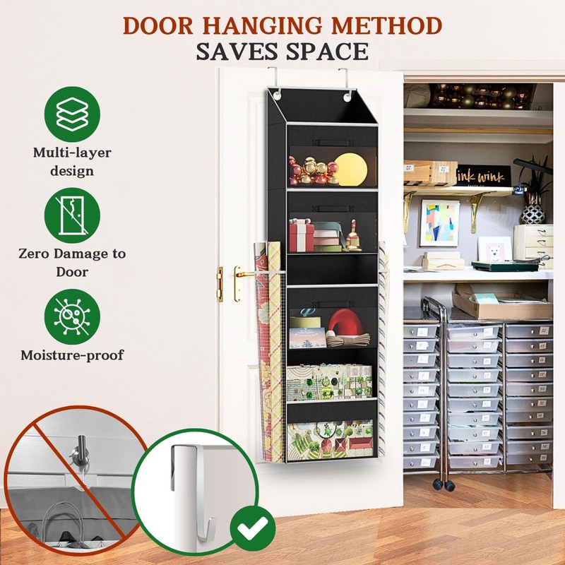 Black Over Door Wrapping Paper Organizer Storage with 3 Removable