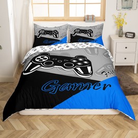 Loussiesd Games Bed Linen Set 135 x 200 cm Gaming Video Game Duvet Cover Set for Children Gamer Bed Set for Children Boys Gamepad with 1 Pillowcase Blue Black Grey