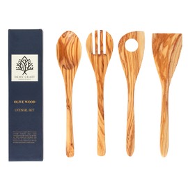 Demy Craft Olive Tree 30 cm 4-Piece Wooden Kitchen Set, Wooden Spoon, Fork, Spatula - Handmade