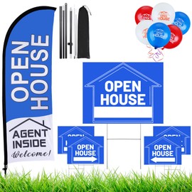 Buryeah Buryeah Open House Signs Set (36 Pcs Total), 1 Pack Open House Flag with Pole Kit, 5 Pack Double Sided Open House Directional Arrows Signs with Metal Stakes and 30 Open House Balloons (Blue)