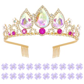 YISSION Colorful Crown & 20 Mini Purple Flower Hair Clips Crystal Princess Tiaras Queen Crowns for Women Girls Bridal Hair Accessories for Birthday Party Wedding Prom Cosplay