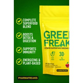 Pharmafreak - Greens Freak - 9.4oz / 266.4g - USA - SA - Sweet Apple - Hybrid SUPERFOOD Greens Supplement Powder - 30 Servings - New Eco Friendly Pouch