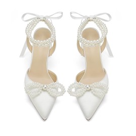 Jotwry Pearl Heels Wedding Shoes for Bride Bow Wedding Heels Bridal Shoes