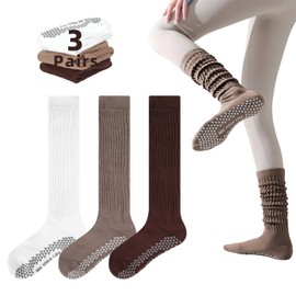 Pilates Socks Yoga Socks for Women, 3 Pairs Non Slip Grip Socks Ideal for Pilates, Yoga, Pilates Bar, Pure Barre, Ballet, Dance, Barefoot Workout (White, Khaki, Brown)