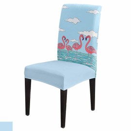 Savannan Chair Covers Set of 4, Pink Flamingos Blue Sea Summer, Removable Stretchable Parsons Chair Slipcovers Protector for Dining Room, Clouds Sky
