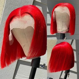 FJsuprise Red Bob Wigs Human Hair Lace Front Pre Plucked 12 Inch 180% Density for Women 13x4 HD Lace Frontal Straight With Baby Hair Wear and Go Glueless Straight Short Bob Wigs