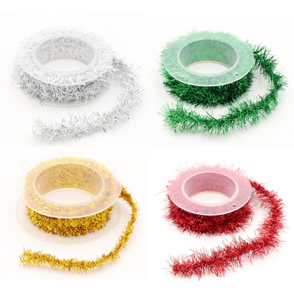Pack of 4 Christmas Tinsel Ribbon, Xmas Glittering Tinsel Wire