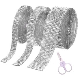 Crafiny 3 Rolls Rhinestone Ribbon - Self Adhesive Rhinestone Strips - Nonwashable Rhinestone Tape - Diamond Ribbon & Bling Wrap For Crafting, DIY, Art, Decoration - Comes with a Scissor & Box (Silver)