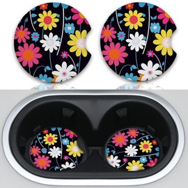 2pcs Colorful Flowers Car Cup Holder Coasters,Universal Non Slip Car Accessories,Cute Car Coasters with Finger Notch,Car Decoration Gifts, Accessory for Women&Men