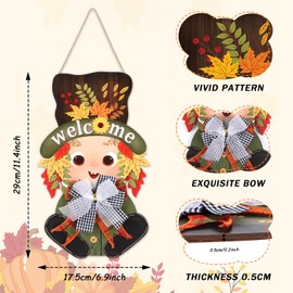 LHIUEM Lovely Scarecrows Wood Decor Fall Leaves Rustic Garden Decoration(7”X11”) Thanksgiving Welcome Autumn Wreath Scarecrow with Plaid Bow Bead Sunflower Harvest Hang Decor for Home Outside Door