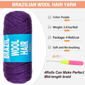 4Roll Brazilian Wool for Hair 100% Brazilian Wool Hair for African Crochet Hair Braiding Twisting Jumbo Braids/Senegalese Twist/Faux Locs/Wraps with Crochet Hook(4 Roll, Purple)