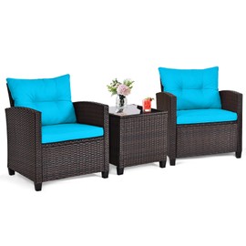 ORALNER 3 Pieces Patio Furniture Set, Outdoor Wicker Conversation Set Rattan Chairs with Cushions, Glass Coffee Table, Bistro Set for Front Porch Balcony Garden Deck Poolside (Turquoise)