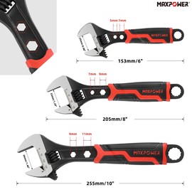 MAXPOWER Adjustable Wrench Set, 6 inch, 8 inch, 10 inch, 3-in-1 CR-V Steel Spanner Wrenches with Hexagonal Holes and Rubber Grip, Dual SAE and Metric Scale (Black, 3 Pack)