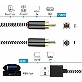 USB to 2-Male RCA Audio Aux Cable for PC Stereo Y Splitter Cord Jack Adapter Compatible with USB A Laptop, Linux,Windows, Desktops and More Device for Amplifiers, Home Theater, Speaker (16Feet)