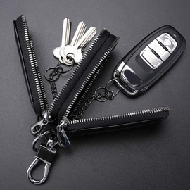 Guolich Car Key Chain Bag Double Zipper Leather Protection Key Coin Holder Keyring with Transparent Window for Car Key Remote Control (Black)