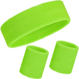 WILLBOND 3 Pcs Sweatbands Set 80s Neon Sports Headband Tennis Striped Sweat Band Paris Sports Competitions Sports Games for Men Women Party Supplies(Neon Green,Solid Style)