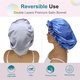 Adjustable Silk Satin Bonnet Hair Care Caps for Women Girls Loose-fitting Reversible Sleeping Cap Shower Caps Hair Wrap Bonnets (006 Royal/Silver)