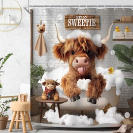Riyidecor Highland Cow Shower Curtain for Bathroom Decor 72Wx72H Cute Funny Country Rustic Western Farmhouse Leaves Bubble Kids Art Printed Fabric Polyester Waterproof 12 Pack Plastic Hooks