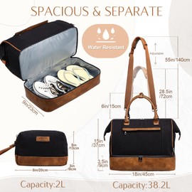 Travel Duffle Bag for Women,Vaschy 17'' Canvas Under Seat Carry On Weekender Overnight Duffel Tote Bag with Trolley sleeve/Shoe Compartment/Tolietry Bag Set for Travelling,Gym Black and Brown Leather