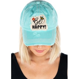Funky Junque Womens Baseball Cap Distressed Vintage Unconstructed Embroidered Patch Hat (Bee Happy - Mint)