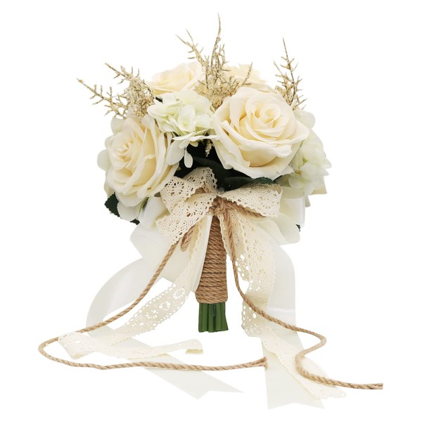 LEIFENY Wedding Bouquets for Bride, Champagne White Rose Bridal Bouquets for Bride, Artificial Flower Bouquet for Wedding, Bridesmaid Bouquets with Silk Ribbon, Valentine's Day, Decoration