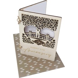 Wooden Anniversary Card with Loving Couple on a Bridge Detailed Carving (5 Year Anniversary)