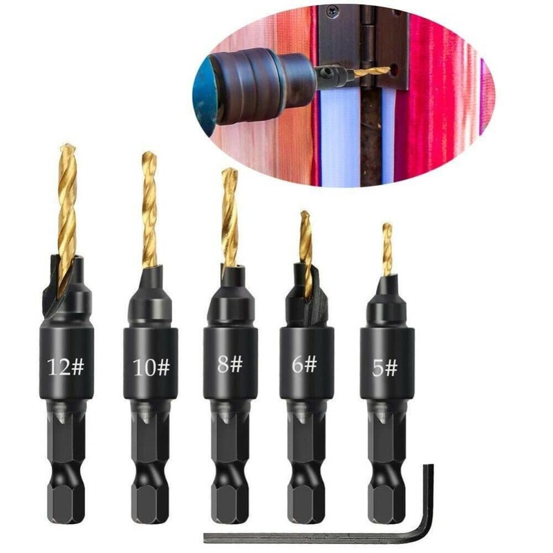5 PCS Countersink Drill Bit Set, #5, #6, #8, #10,