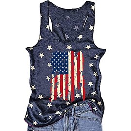 American Flag Tank Tops Women Patriotic Shirt USA Flag Stars Stripes Print 4th of July Tee Tops(L,Blue-4)