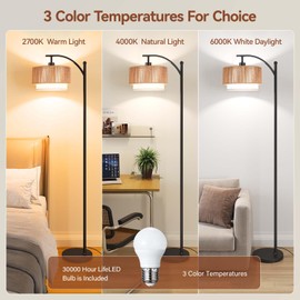 SUNMORY Floor Lamps for Living Room with 12W LED Bulb, Arc Floor Lamp with 3 Color Temperatures, Farmhouse Floor Lamps with Adjustable Rattan & Fabric Shades, Boho Standing Lamp for Bedroom, Corner