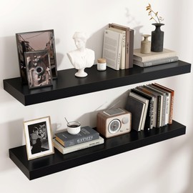 Venusmiles Floating Shelves for Wall, 2 Large Wall Mounted Shelves with Invisible Brackets, Long Wood Floating Wall Shelf Shelves for Living Room, Bedroom, Kitchen, (Black, 36" W x 9" D x 1.5" H)