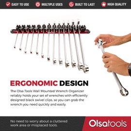 Olsa Tools Wall Mount Wrench Organizer | Red Anodized Aluminum + Black Clips | Holds 14 Wrenches