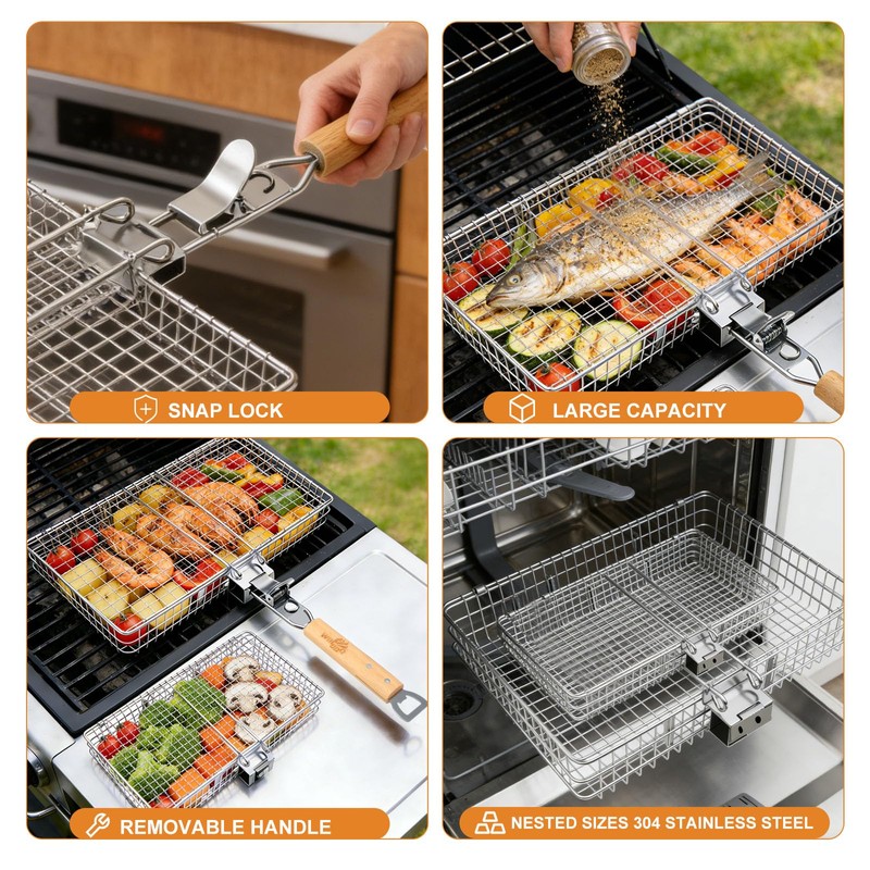 Fish Grill Basket for Outdoor Grill, Stainless Steel ，Removable Wooden
