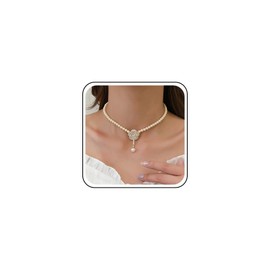 TseenYi Camellia Pearl Necklace Gold Beads Lariat Necklace White Beads Strand Necklace Black Camellia Necklace Pearl Y Shape Necklace Vintage Beads Chain Necklace, Zinc