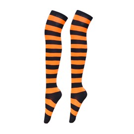 Bestjybt Women Striped Thigh High Socks Over Knee Socks Knee High Costume Stockings Leg Warmers (Black+Orange)