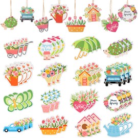 48Pcs Spring Tree Ornaments, Flower Hanging Wooden Ornaments for Tree Spring Decor for Easter Small Tree Decoration (16 Styles)