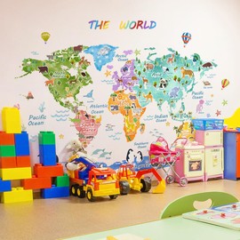 Fufuquare Large The World Animal Spread Wall Sticker Waterproof World Map Wall Sticker for Children's Room Nursery and Classroom