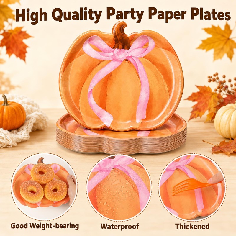 60Pcs Pink Bow Pumpkin Paper Plates Pumpkin Autumn Thanksgiving Party