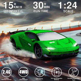 Everbigmai RC Drift Car 1:24 Remote Control Car 4WD 15KM/H High Speed Racing Sport Car with LED Lights RC Cars Toy Cars for Kids Boys Girls Adults Gifts Birthday Christmas Rechargeable Batteries