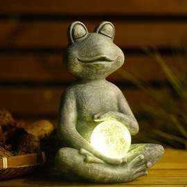 Fashionoda Meditating Yoga Frog Statue with Solar LED Light Ball - 10L x 11.1H Zen Garden Frog Figurines for Home and Garden Decor, Frog Decorations Gift Ideas, Frog Gifts for Women Mom