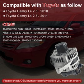 11516N Alternator Compatible with Toyota Camry L4 2.5L 2010-2011 104210-2650 27060-0V060 27060-36050 90295768
