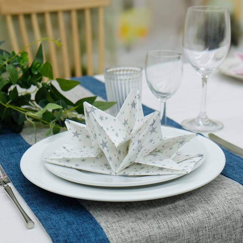 Fanxyware Star Shaped Origami Dinner Napkins with Silver Stars on