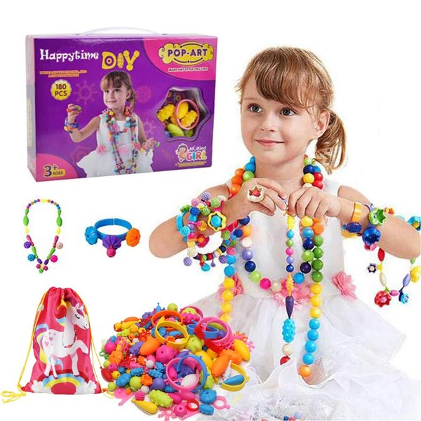 Happytime Snap Pop Beads Girls Toy 180 Pieces DIY Jewelry Marking Kit Fashion Fun for Necklace Ring Bracelet Art Kids Crafts Birthday Fun Gifts Toys for 3, 4, 5, 6, 7 ,8 Year Old Kids Girls