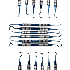 6 Pcs Dental Sickle Scalers Anterior Posterior Periodontic Instruments with Blue Titanium Coated Double Ended Tips Comes in Firm-Grip Hollow Handle Stainless Steel