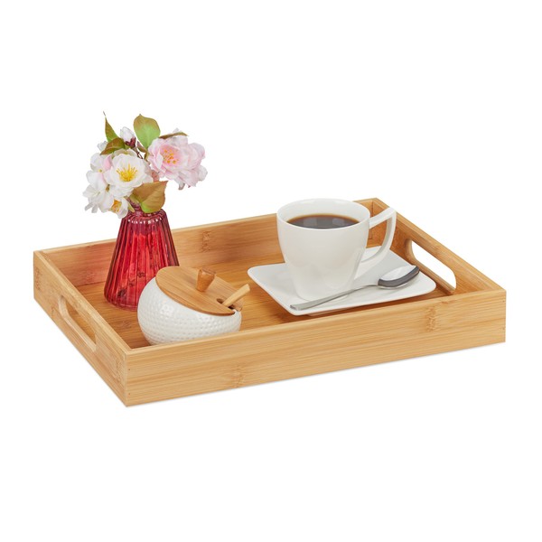 Relaxdays Bamboo Tray, HBD: 5 x 34.5 x 25 cm, Serving Tray with Handles, High Rim, Kitchen Tray, Rectangular, Natural