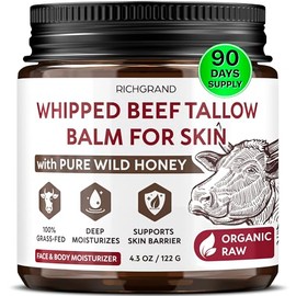 RICHGRAND Sebo de res para la piel - Bálsamo de sebo batido y miel - Sebo de res alimentado con pasto para la cara, hidratante diario y manteca corporal - Cuidado de la piel natural no comedogénico