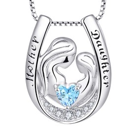 YL Mother and Daughter Necklace 925 Sterling Silver Horseshoe Pendant for Women Mum Necklace 45 + 3 cm, Silver, Aquamarine