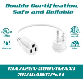 2 Pack Power Extension Cord 4FT/48Inch, Short 3 Prong Electric Extension Cable Outlet Saver, Single Outlet, Heavy Duty, Waterproof, Flexible, 16 AWG, 13A 125V, Indoor Wires for Home or Office - White