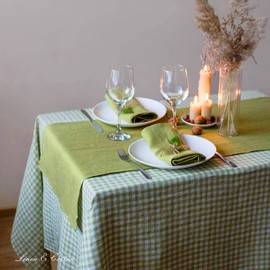 Linen & Cotton Tablecloth Table Linen Checked in Country House Style Estella -100% Linen White White Green (80 x 80 cm) Square Festive Spring/Home Kitchen Restaurant Cafe Hotel Catering